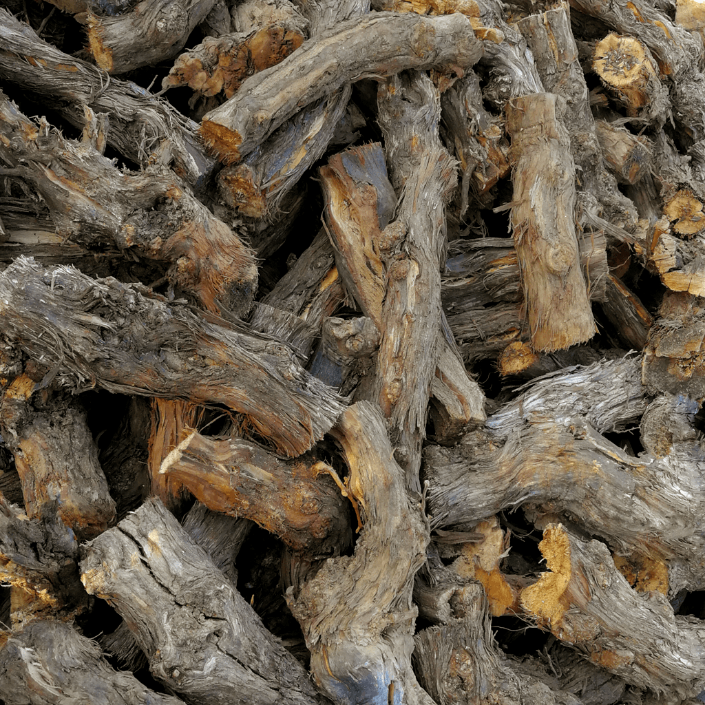 Dry Wingerd Stompies grape vine firewood logs bagged for rapid lighting, high heat, and pizza ovens.