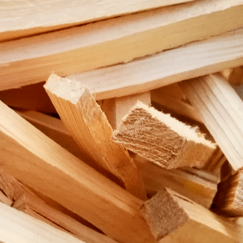 Close-up of finely split, resin-rich pine kindling wood for fast-lighting Pine Firestarter Bags